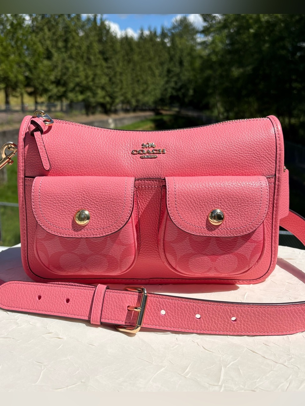 NEW COACH Pennie Crossbody With Coin Case With Signature Canvas In Pink CA906
